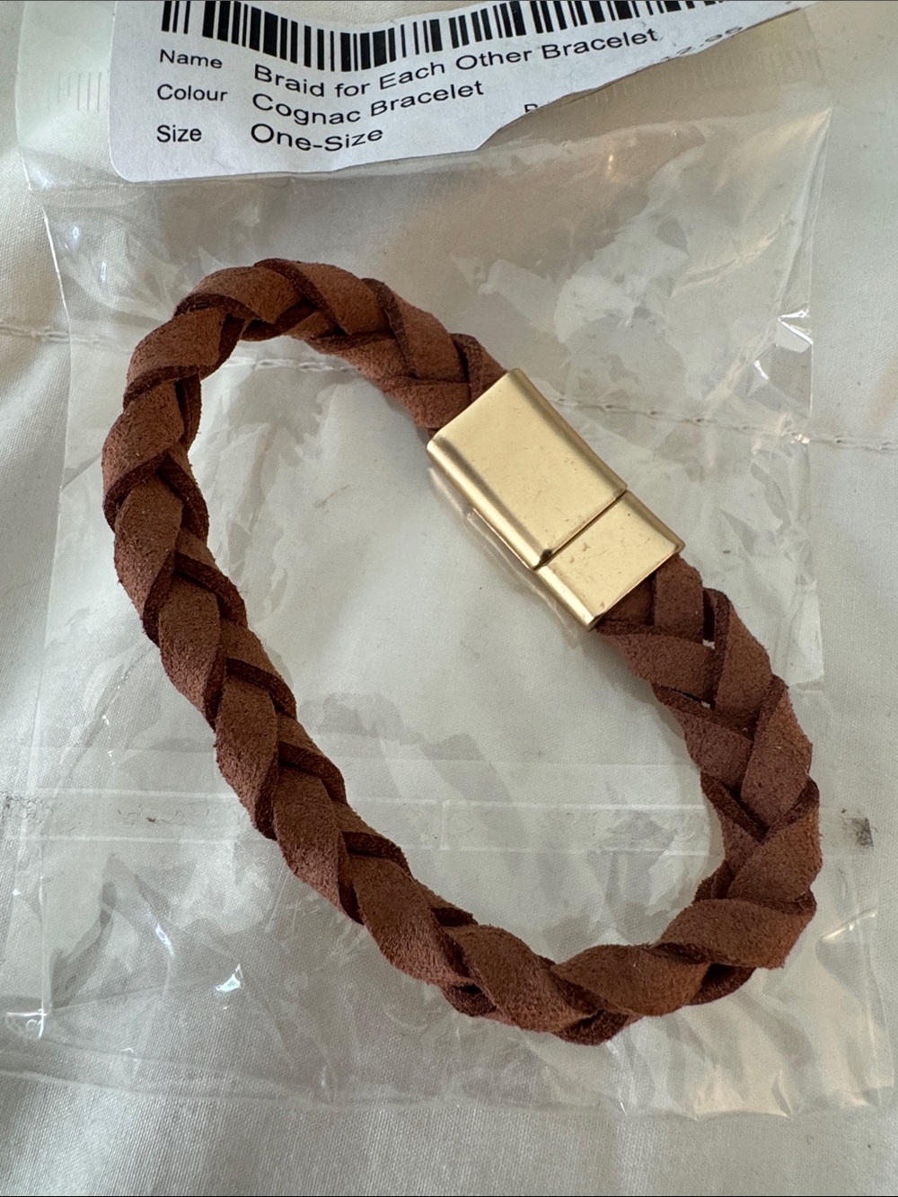 Braided Cognac Leather Bracelet with Gold Magnetic Clasp